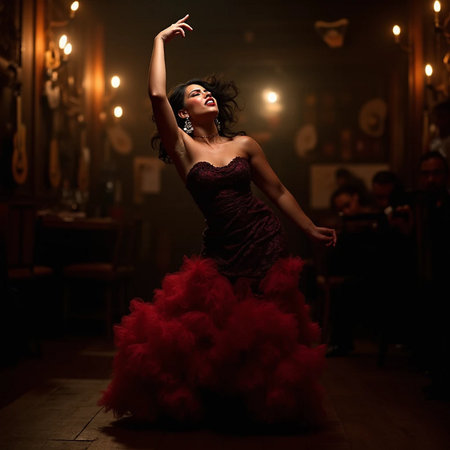 Portrait of a beautiful woman in a red dress dancing in the restaurantの素材