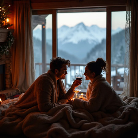 Couple in love, man and woman, drinking wine in front of the window at home on Christmas Eveの素材