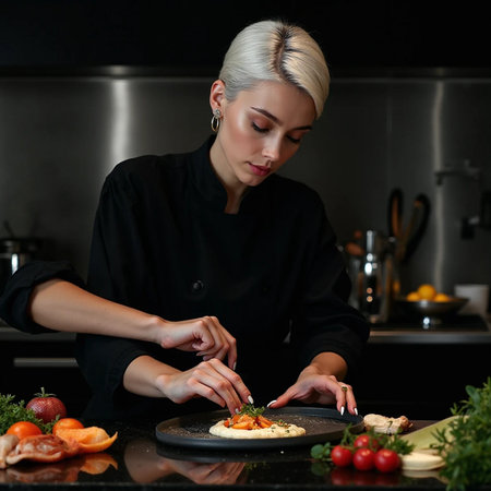 Beautiful young woman cooking in the kitchen at home. Healthy food concept.の素材