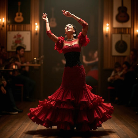 Beautiful flamenco dancer in red dress dancing in a restaurantの素材