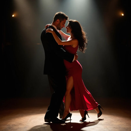 Young couple dancing tango in the spotlight on a dark background.の素材