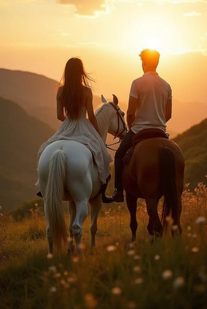 Young couple riding a horse in the mountains at sunset, rear viewの素材