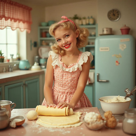 Beautiful pin-up girl in the kitchen. Retro style.の素材