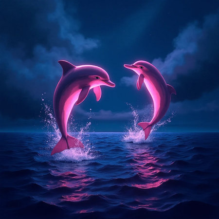 Two dolphins jumping out of the water at night. 3D renderingの素材