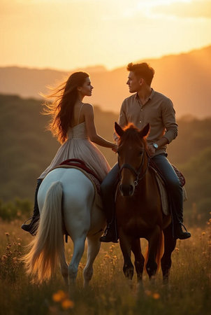 Beautiful young couple riding a horse in the field at sunset.の素材
