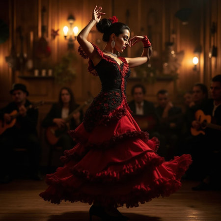 Beautiful woman in red dress dancing flamenco in the restaurantの素材