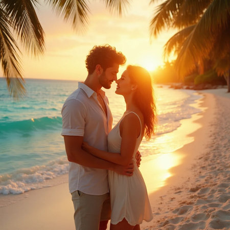 Happy couple in love on tropical beach at sunset. Romantic honeymoon.の素材