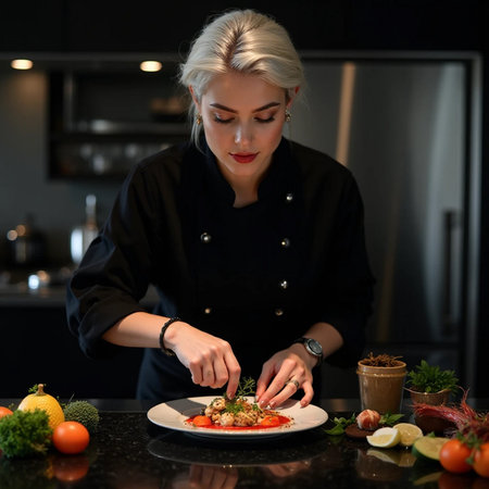 beautiful young woman in black blazer decorating dish with vegetables at kitchenの素材