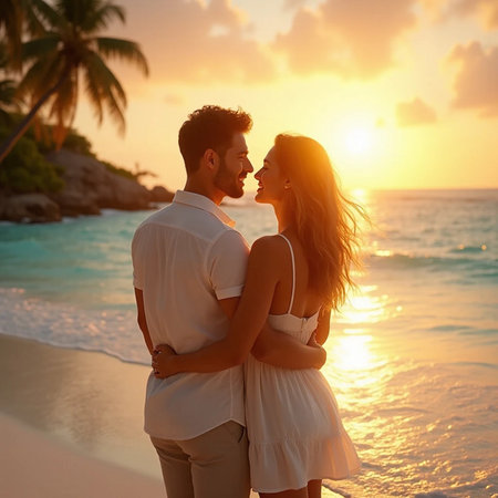 Happy couple in love on tropical beach at sunset. Honeymoon travel conceptの素材