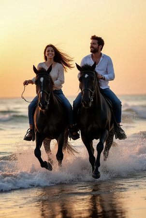 happy young romantic couple in love have fun riding horse on beautiful beach at sunsetの素材