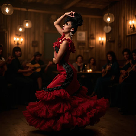 Beautiful brunette woman in red dress dancing flamenco in a restaurantの素材