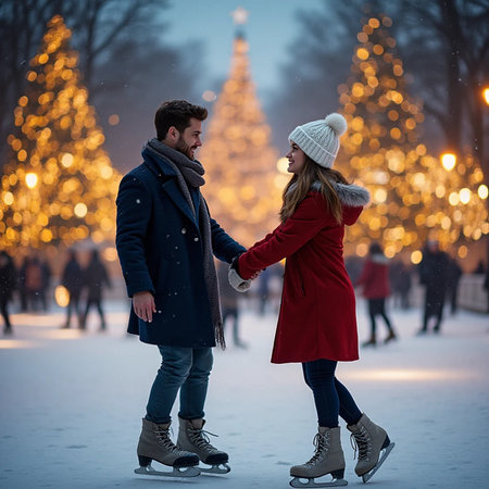 Young couple ice skating on a frozen lake in front of the Christmas treeの素材