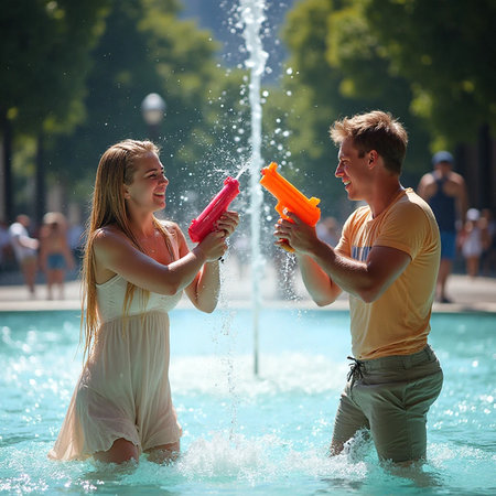 Happy young couple playing with water guns in a fountain on a hot summer dayの素材