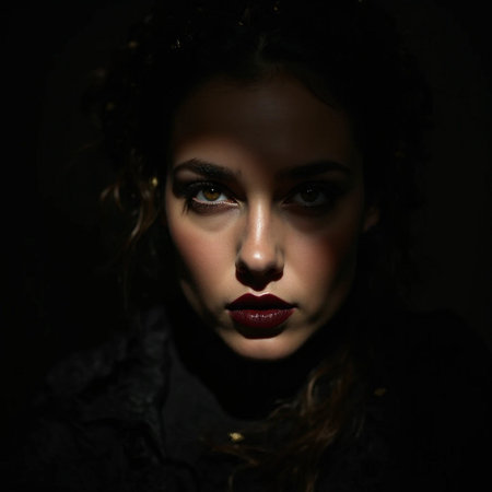 Portrait of a beautiful young woman with dark makeup and curly hairの素材