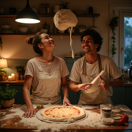 Happy young couple making pizza in the kitchen at home. People having fun while preparing food.の素材