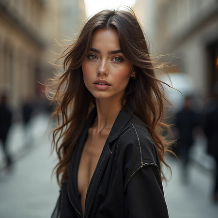 fashion outdoor photo of beautiful sensual woman with dark hair in elegant clothes posing in the cityの素材