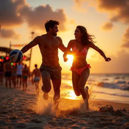 Happy young couple playing beach volleyball on the beach at sunset. Summer vacationの素材