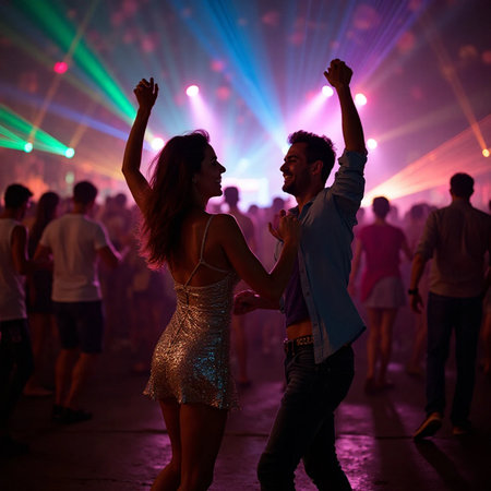 Young couple dancing at a night party in front of a bright laserの素材