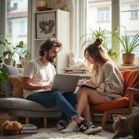 Young couple sitting on the sofa and working on a laptop at homeの素材