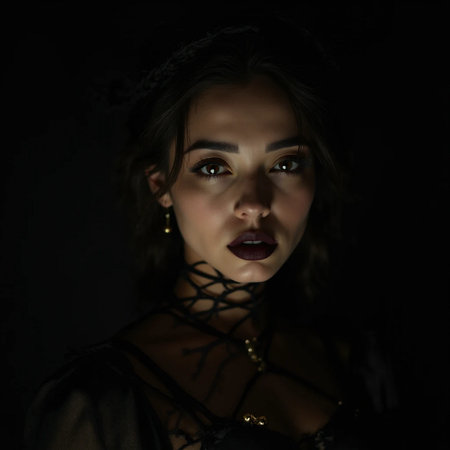 Portrait of a beautiful young woman in a black dress on a black backgroundの素材