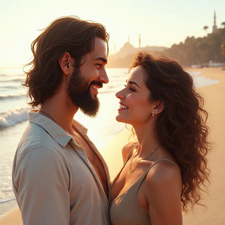 Portrait of a happy young couple on the beach at sunset.の素材