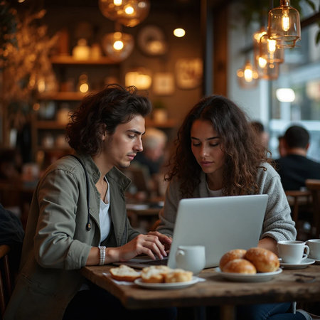 Two young women using a laptop in a coffee shop. Focus on the womanの素材