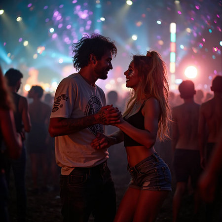 Young couple dancing at a music festival. Colorful lights in the background.の素材