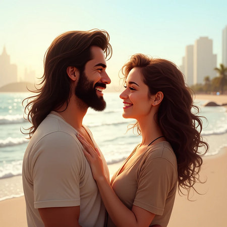 Cheerful young couple hugging and looking at each other on the beach.の素材