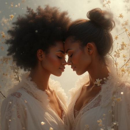 Two beautiful African American women with afro hairstyle and makeup in white clothes in spring flowersの素材