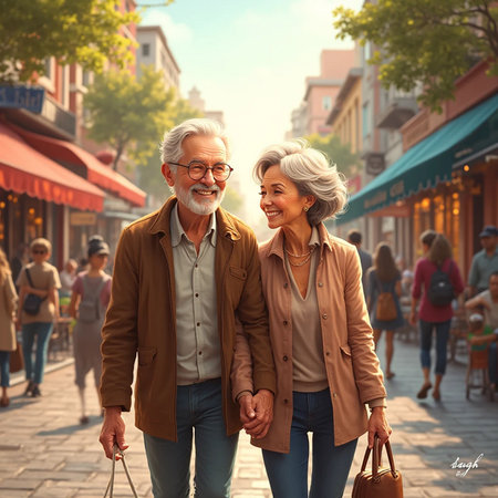 Happy senior couple walking on the street in the city. Elderly people lifestyle.の素材