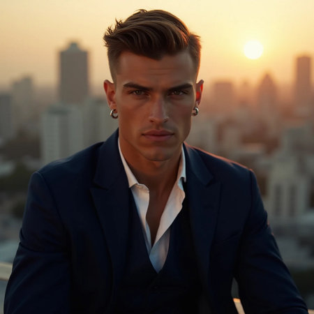 Portrait of a handsome young man in a blue suit against the background of the sunsetの素材