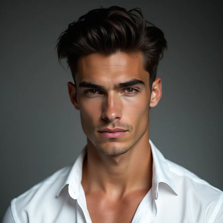 Portrait of a handsome young man in white shirt on gray backgroundの素材