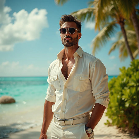 Handsome man in white shirt and sunglasses on the tropical beachの素材