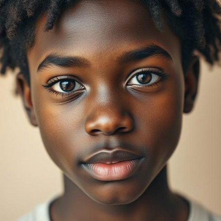 Close up portrait of a beautiful African American woman looking at cameraの素材