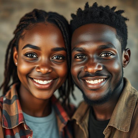 Portrait of a happy young African American couple smiling at cameraの素材