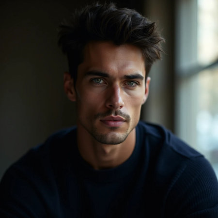 Portrait of a handsome young man in a dark blue t-shirtの素材