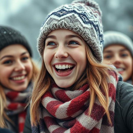Close up portrait of smiling young women in winter clothing looking at cameraの素材