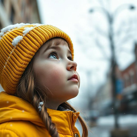 Portrait of a cute little girl in a yellow hat on a background of winter street.の素材