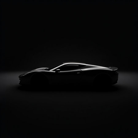 Black sports car on a black background. Side view 3d renderingの素材