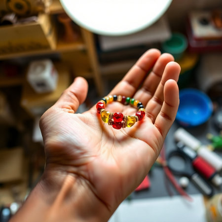Beads in the hands of a craftsman close-up.の素材