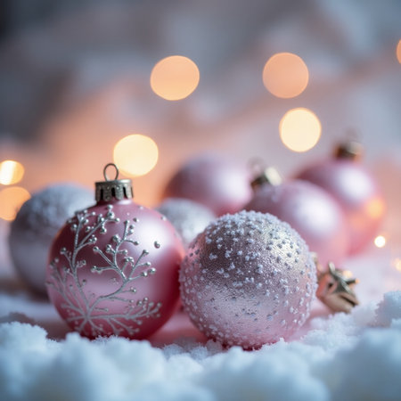 Christmas greeting card. Festive decoration on bokeh background. New Year. Copy space. Flat lay. Top view.の素材