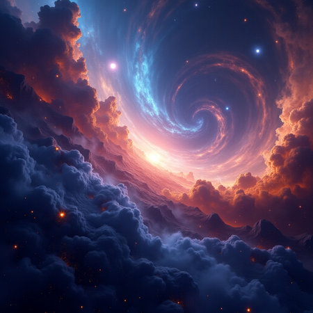 Fantasy clouds and stars in deep space. 3D illustration.の素材