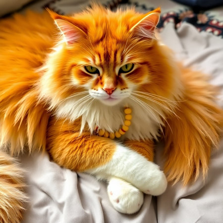 Beautiful ginger cat lying on the bed. Fluffy pet.の素材