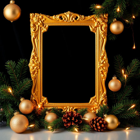 Golden frame with fir branches and christmas balls on a black backgroundの素材
