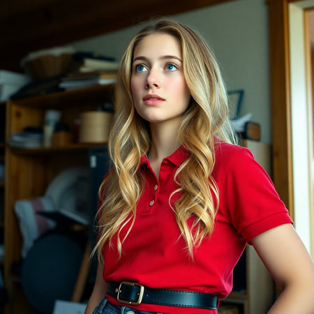 Portrait of a beautiful young blonde woman in a red blouse.の素材