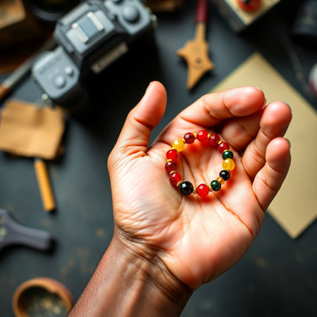 Hand holding a colorful beads in the shape of a heart on a dark backgroundの素材