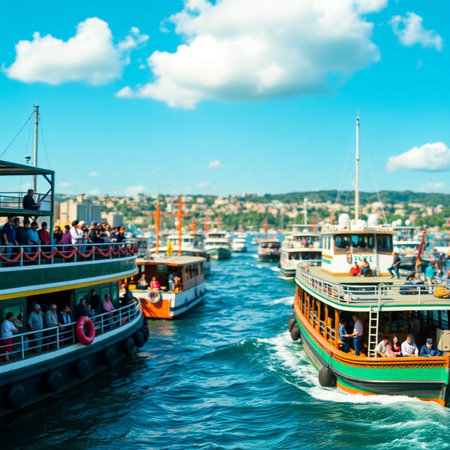 Tourist boats on the Bosphorus in Istanbul, Turkeyの素材