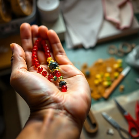 Beads in the hands of a jeweler. Selective focus.の素材