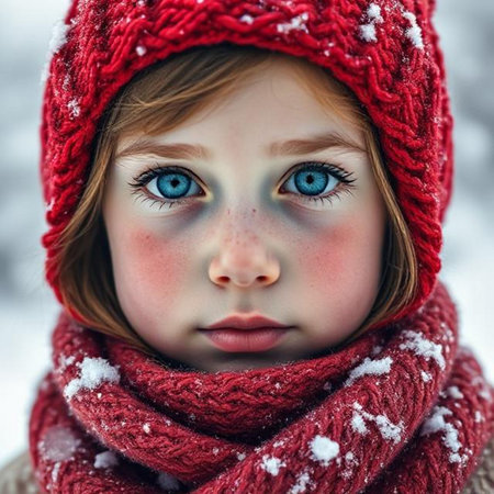 Portrait of a beautiful girl with blue eyes in a red knitted hat and scarf.の素材