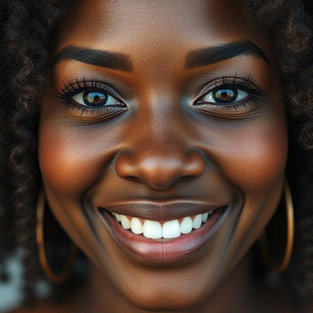 Close up portrait of a beautiful African American woman smiling.の素材